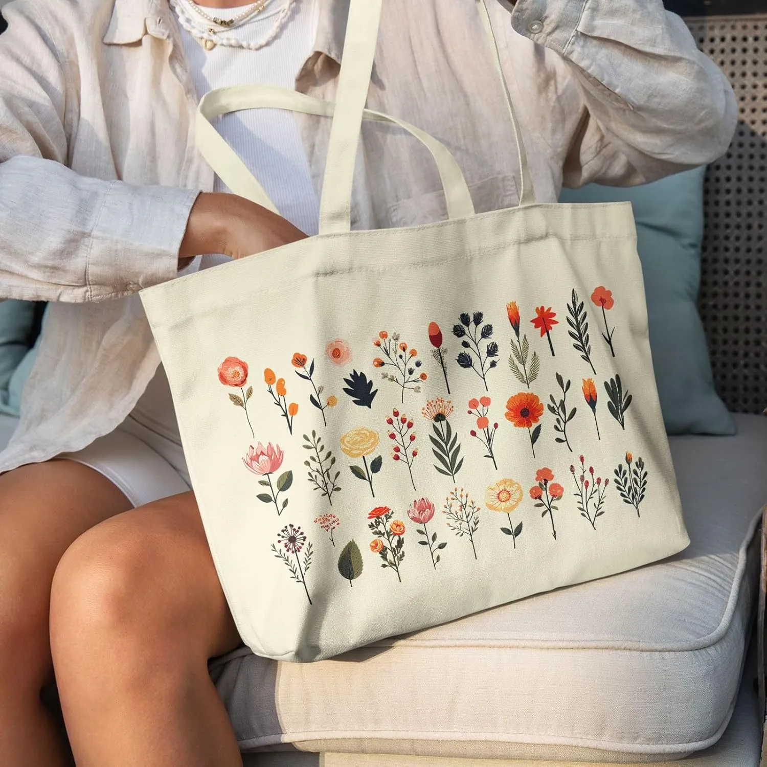 Big Canvas Tote Bag Aesthetic for Women, Flower Reusable Cloth Bags for Shopping Grocery Shoulder Bag