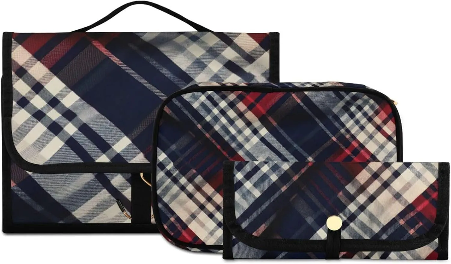 Black and Red Check Portable Cosmetic Makeup Bag- Multi-layer Area Storage & Easy Travel, Large Capacity Travel Toiletry Bags 3 Piece Set