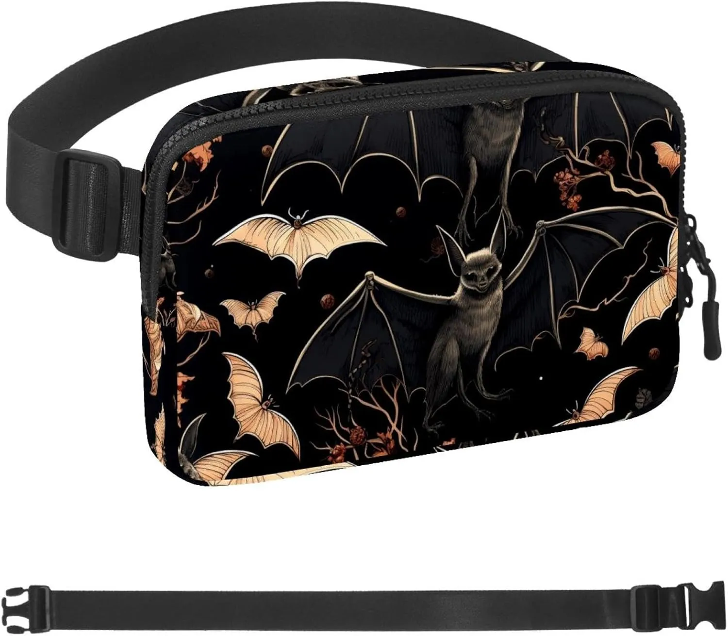Black and White Bats Fanny Packs for Women Men, Crossbody Belt Bag with Zipper Pockets,Waterproof Waist Packs with Adjustable Strap for Workout Running Traveling Hiking