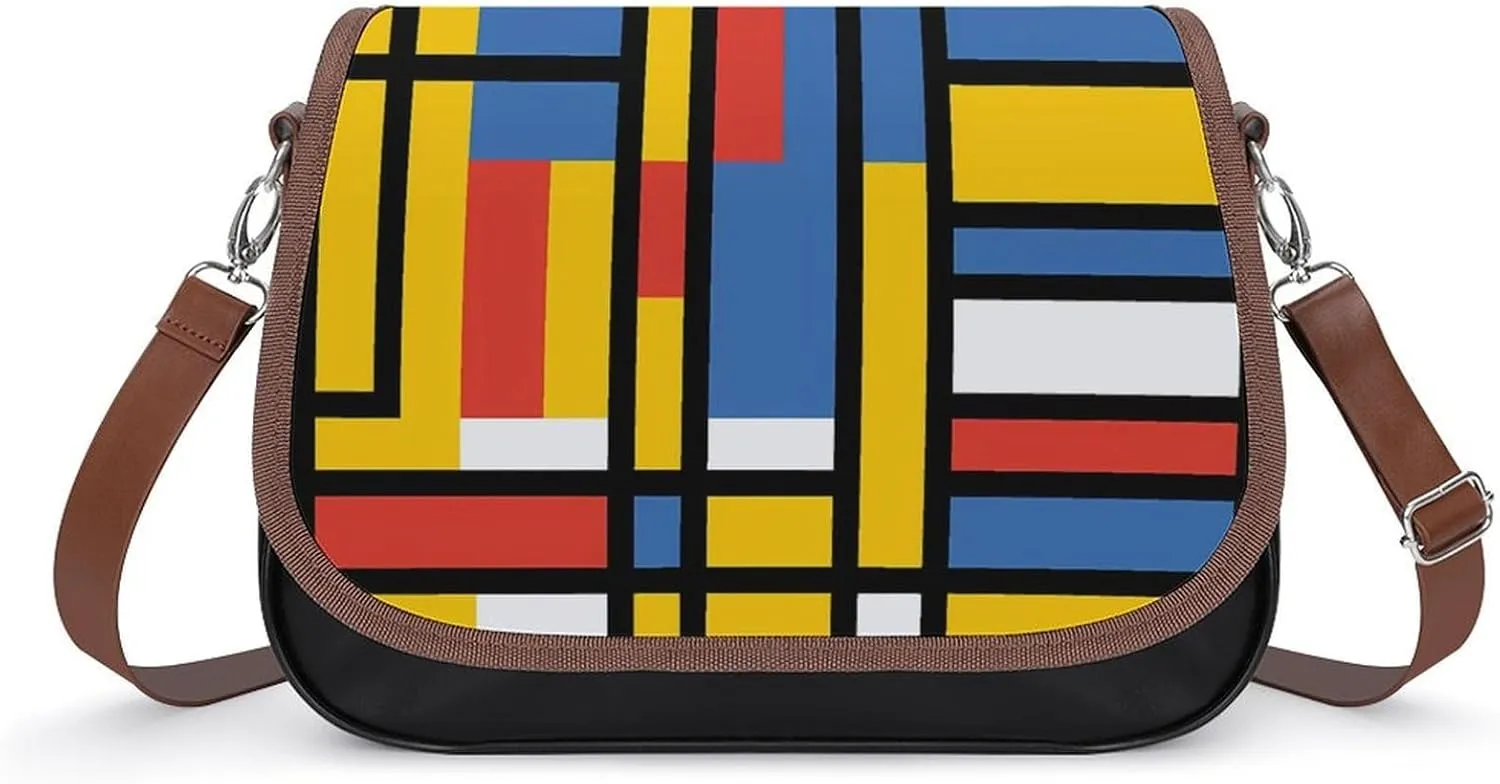 Black Bauhaus Abstract Modern Mondrian Style Blue Geometric Women's Crossbody Bag PU Leather Satchel Shoulder Purses Messenger Bag