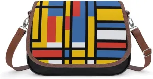 Black Bauhaus Abstract Modern Mondrian Style Blue Geometric Women's Crossbody Bag PU Leather Satchel Shoulder Purses Messenger Bag