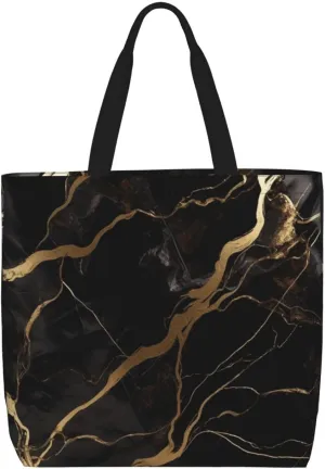 Black Gold Marble Tote Bag for Women Hobo Handbags with Zipper Large Shoulder Bag Shopping Bags Travel Purse