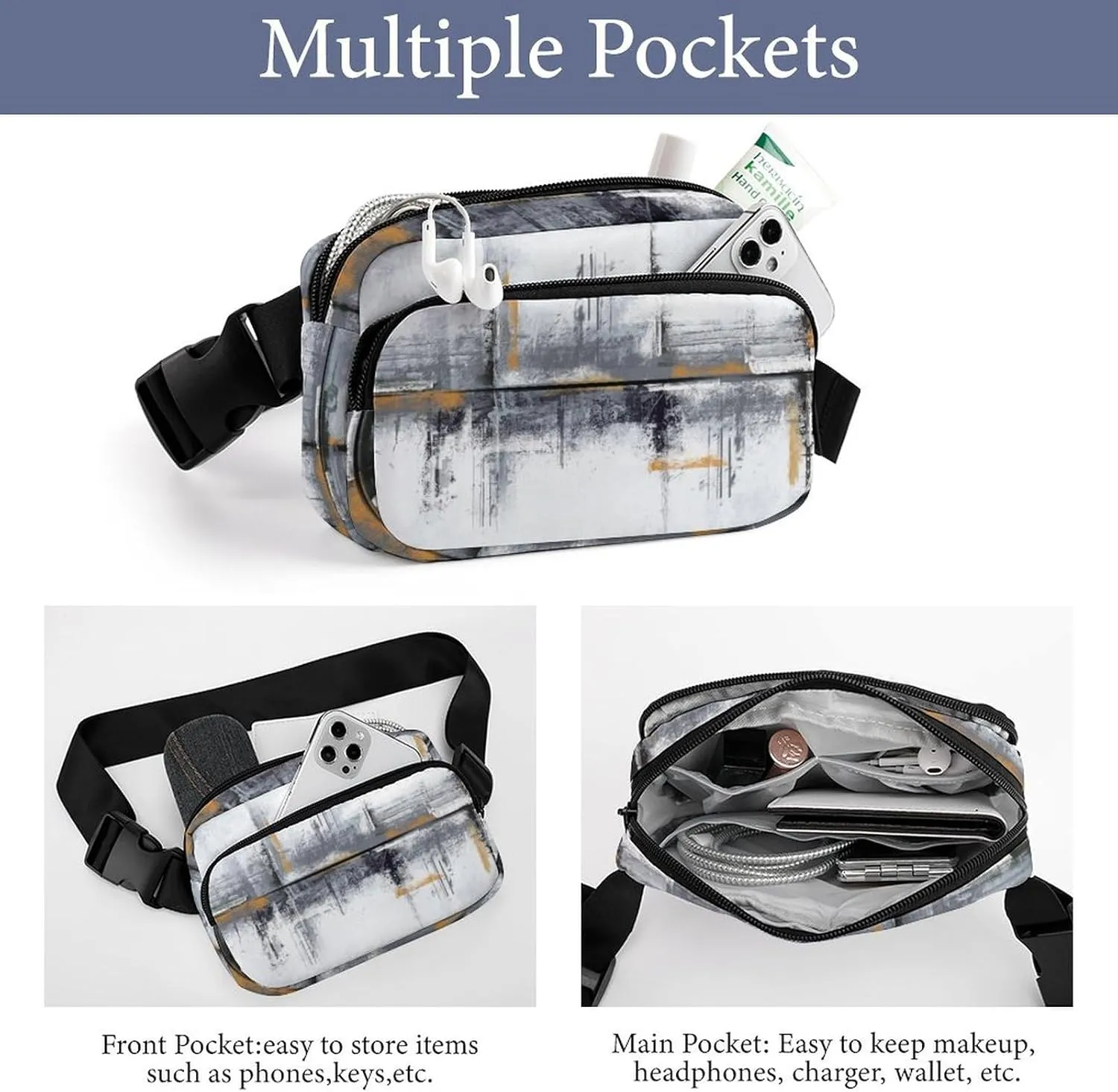 Black Grey Abstract Art Painting Fanny Pack Belt Bag with Adjustable Strap Modern Art Waist Packs Small Pouch Crossbody Bags for Hiking Running Cycling Traveling