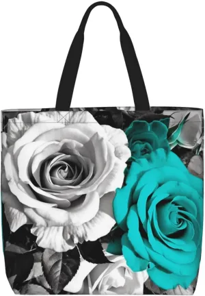 Black White Teal Gray Rose Flowers Tote Bag for Women Hobo Handbags with Zipper Large Shoulder Bag Shopping Bags Travel Purse