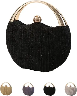 BlackeEight Women's Round Pleated Hard Shell Evening Clutch Purses,Sparkly Metal Ball Lock Buckle for Party Wedding Banquet