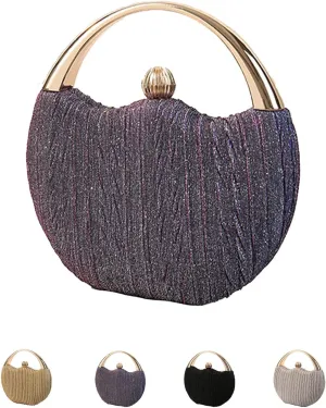 BlackeEight Women's Round Pleated Hard Shell Evening Clutch Purses,Sparkly Metal Ball Lock Buckle for Party Wedding Banquet