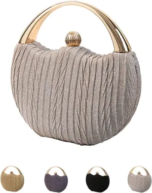 BlackeEight Women's Round Pleated Hard Shell Evening Clutch Purses,Sparkly Metal Ball Lock Buckle for Party Wedding Banquet