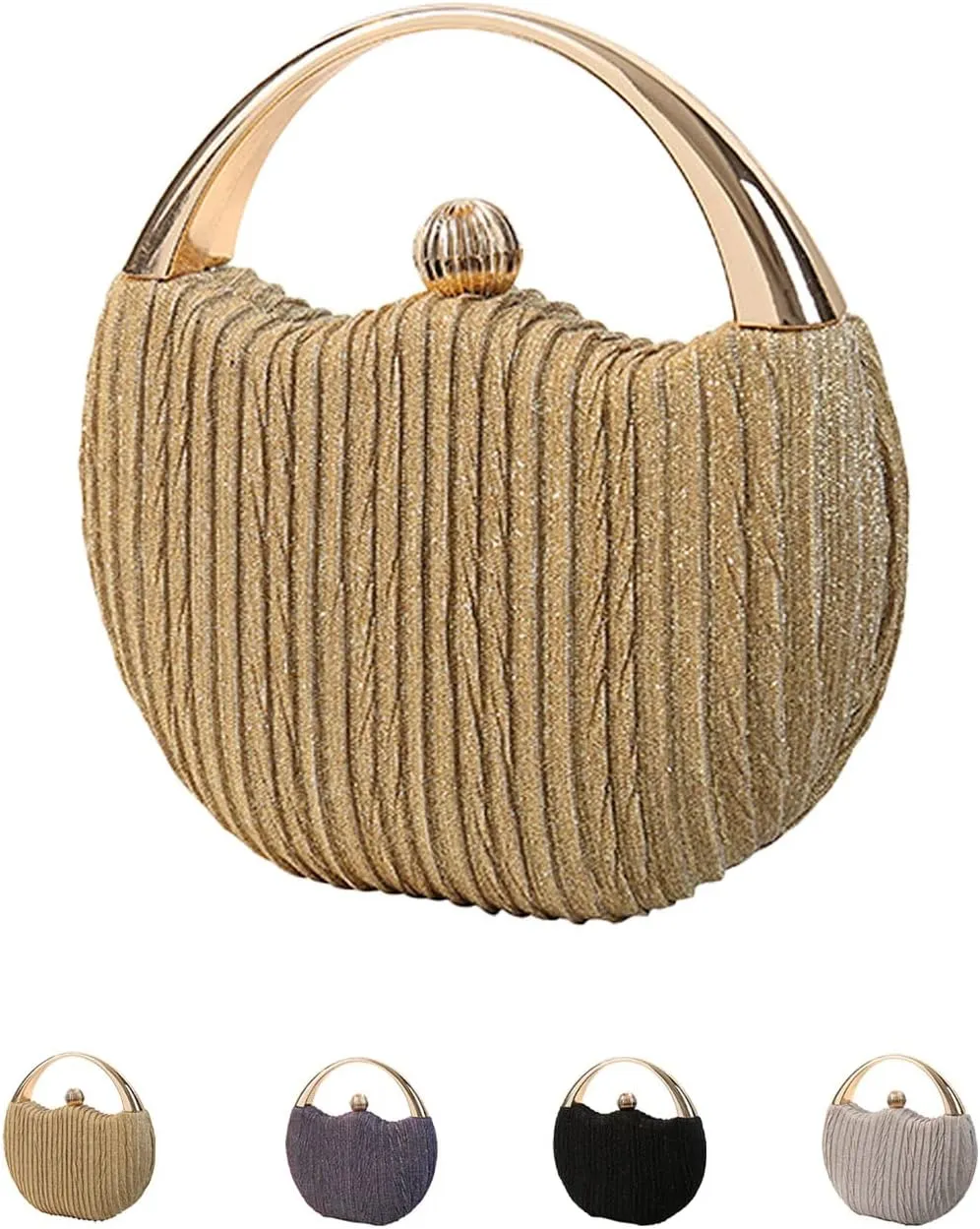 BlackeEight Women's Round Pleated Hard Shell Evening Clutch Purses,Sparkly Metal Ball Lock Buckle for Party Wedding Banquet