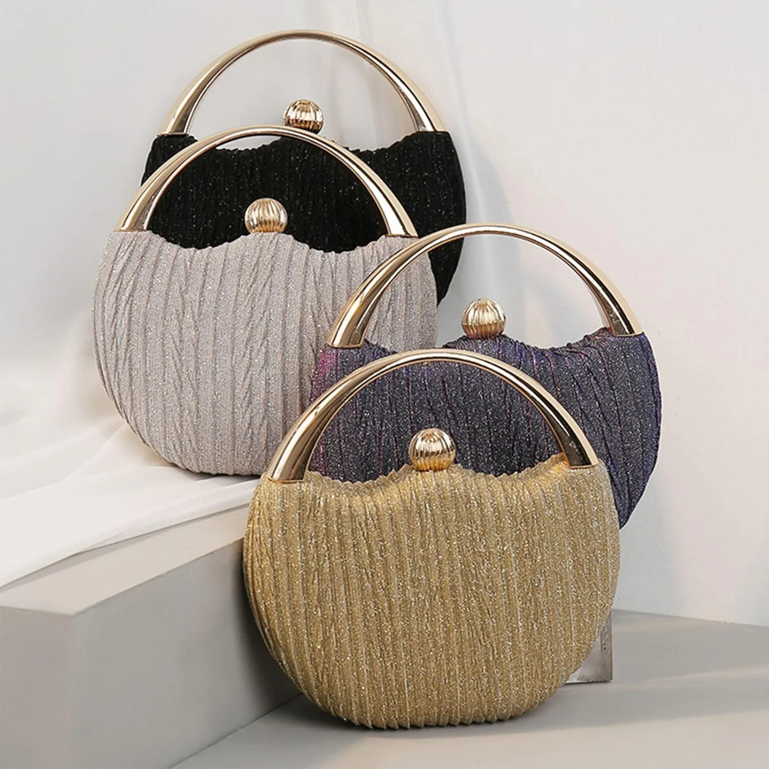 BlackeEight Women's Round Pleated Hard Shell Evening Clutch Purses,Sparkly Metal Ball Lock Buckle for Party Wedding Banquet