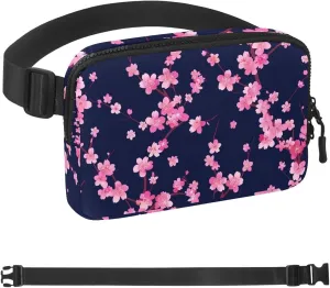 Blue Background Pink Flowers Fanny Packs for Women Men, Crossbody Belt Bag with Zipper Pockets,Waterproof Waist Packs with Adjustable Strap for Workout Running Traveling Hiking