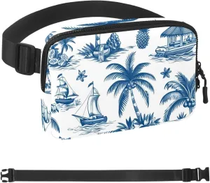 Blue Tropical Island Fanny Packs for Women Men, Crossbody Belt Bag with Zipper Pockets,Waterproof Waist Packs with Adjustable Strap for Workout Running Traveling Hiking
