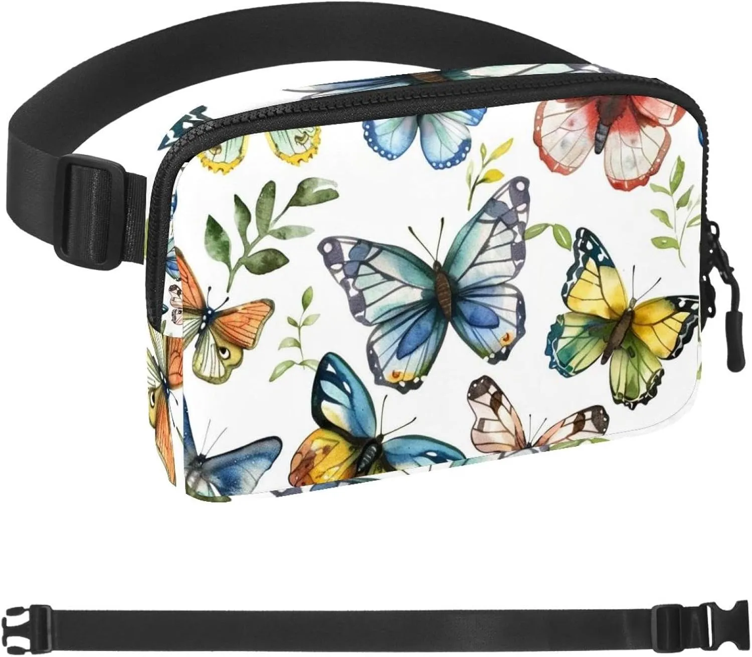 Botanical Colorful Butterflies Fanny Packs for Women Men, Crossbody Belt Bag with Zipper Pockets,Waterproof Waist Packs with Adjustable Strap for Workout Running Traveling Hiking