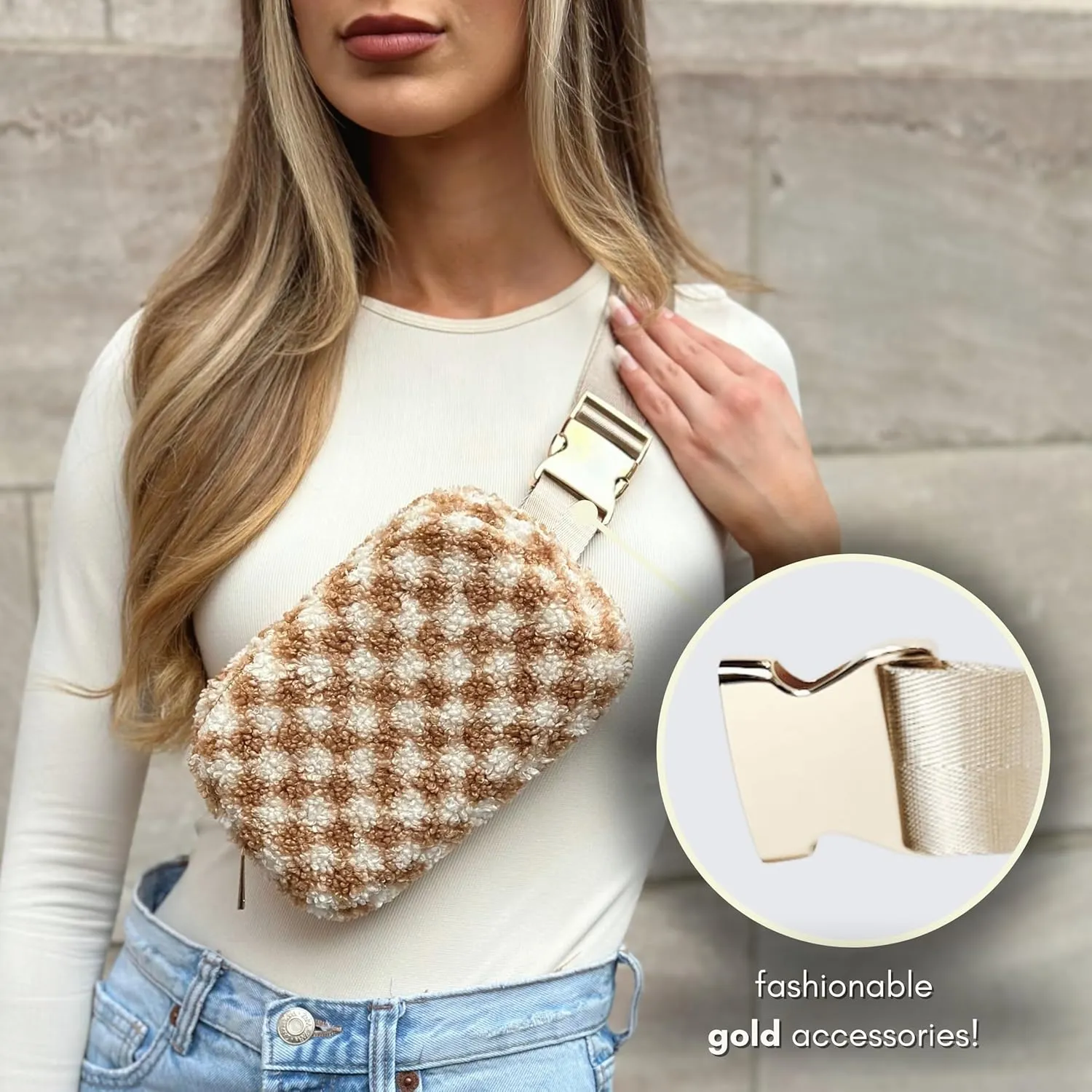Boutique Fleece Belt Bag | Sherpa Checkered Crossbody Bag Fanny Pack for Women Fashionable | Cute Everywhere Waist Pack | Small Fashion Bag | Gold Accessories | Adjustable Small Strap | Chai Checker
