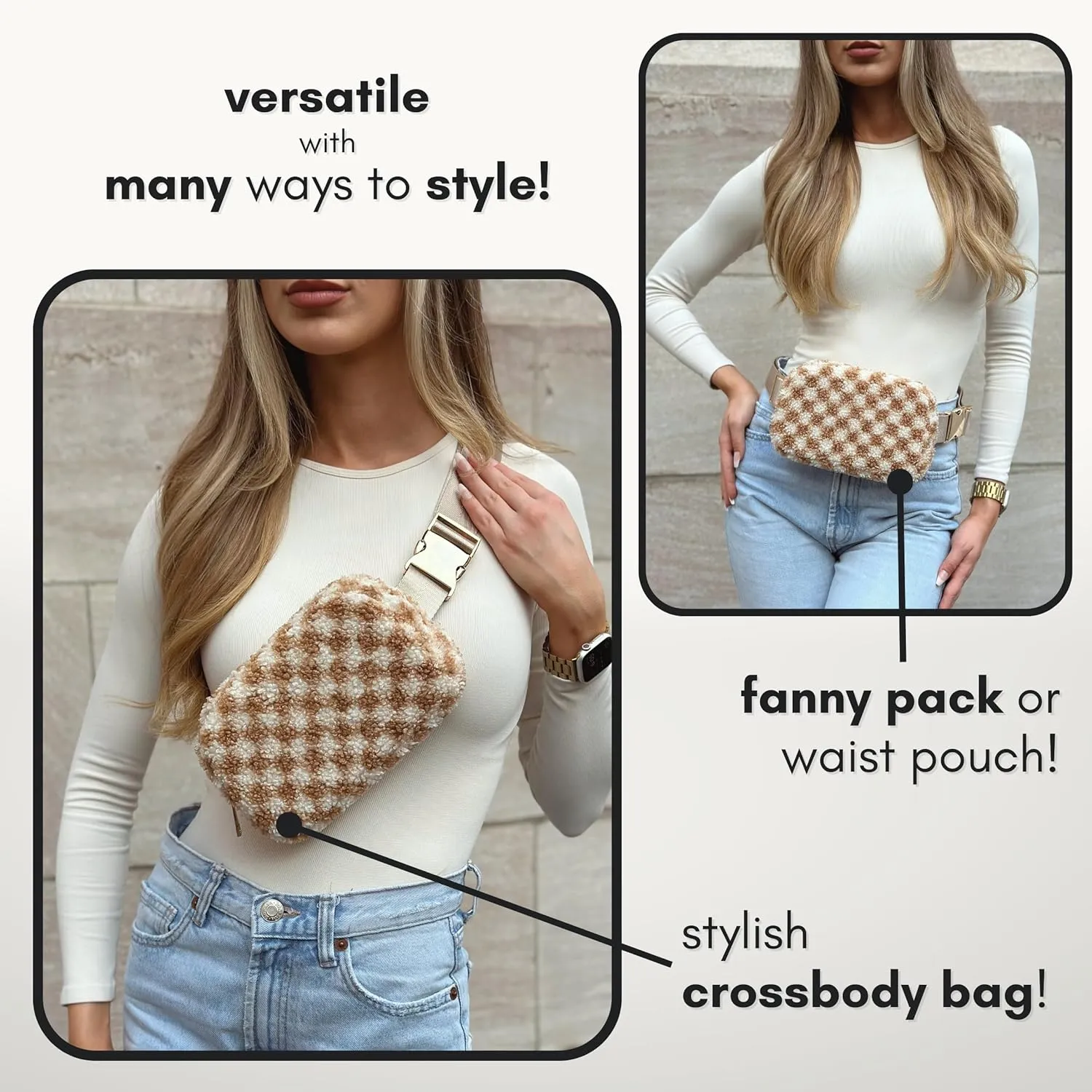 Boutique Fleece Belt Bag | Sherpa Checkered Crossbody Bag Fanny Pack for Women Fashionable | Cute Everywhere Waist Pack | Small Fashion Bag | Gold Accessories | Adjustable Small Strap | Chai Checker