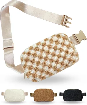Boutique Fleece Belt Bag | Sherpa Checkered Crossbody Bag Fanny Pack for Women Fashionable | Cute Everywhere Waist Pack | Small Fashion Bag | Gold Accessories | Adjustable Small Strap | Chai Checker