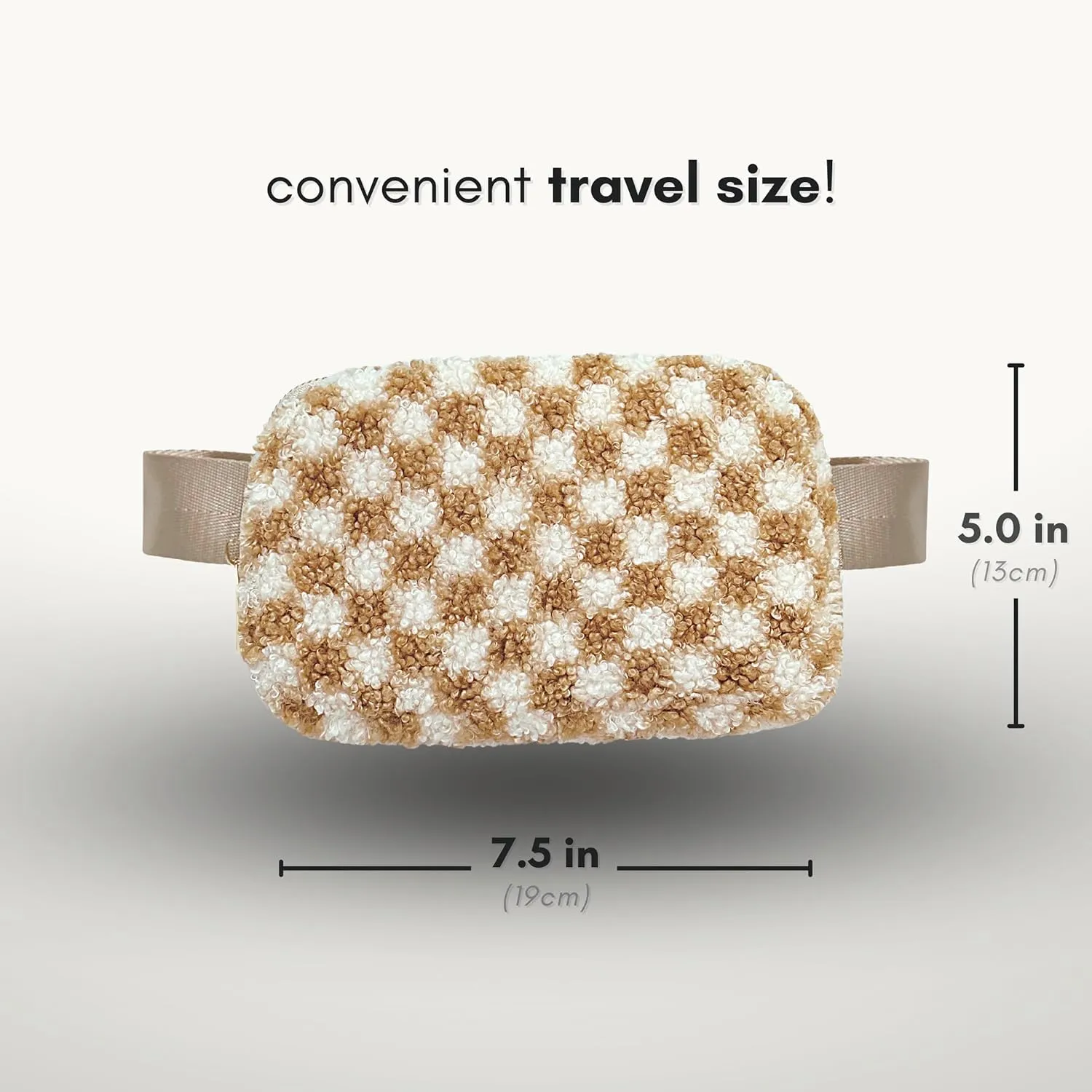 Boutique Fleece Belt Bag | Sherpa Checkered Crossbody Bag Fanny Pack for Women Fashionable | Cute Everywhere Waist Pack | Small Fashion Bag | Gold Accessories | Adjustable Small Strap | Chai Checker