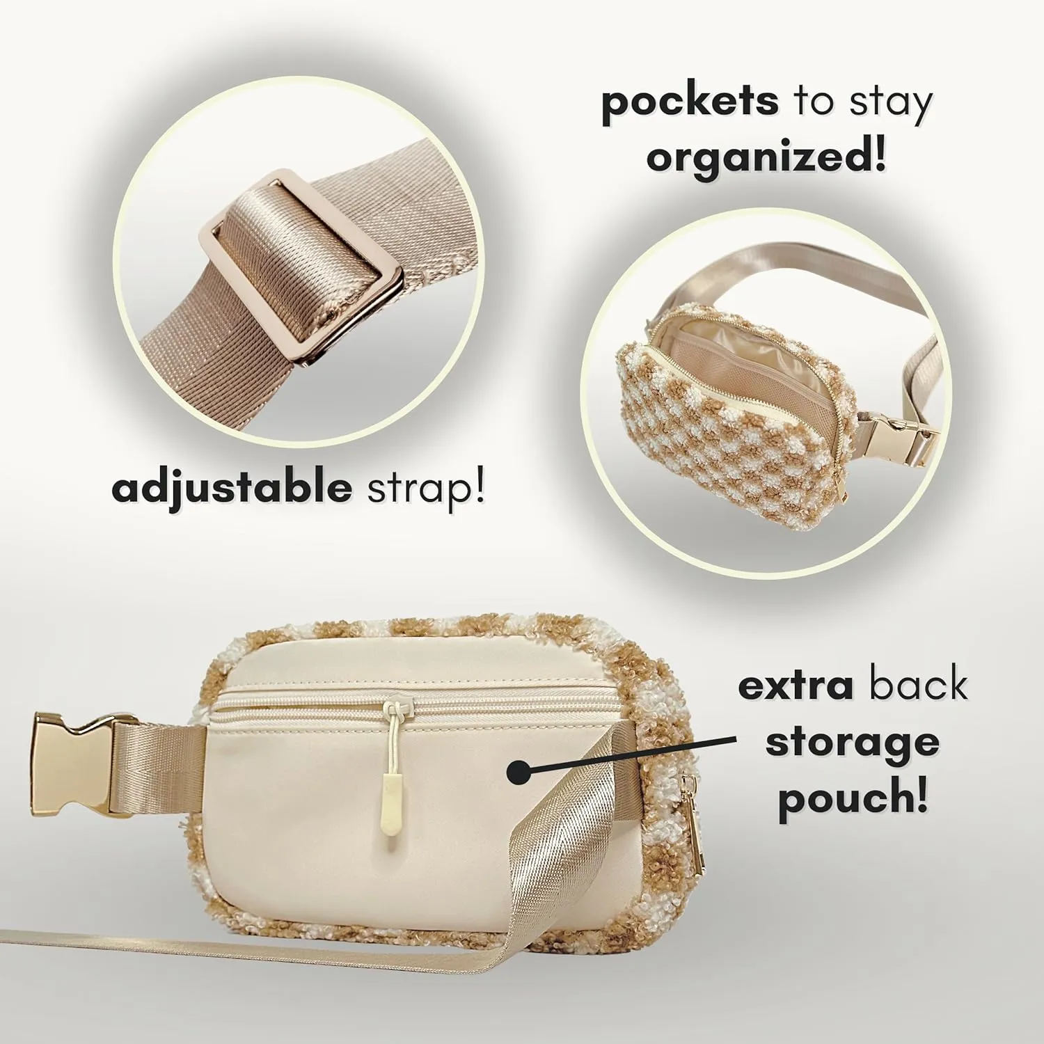 Boutique Fleece Belt Bag | Sherpa Checkered Crossbody Bag Fanny Pack for Women Fashionable | Cute Everywhere Waist Pack | Small Fashion Bag | Gold Accessories | Adjustable Small Strap | Chai Checker