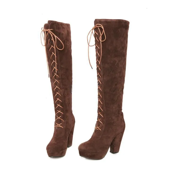 British Style High Heel Cross Strap High Thick Boots