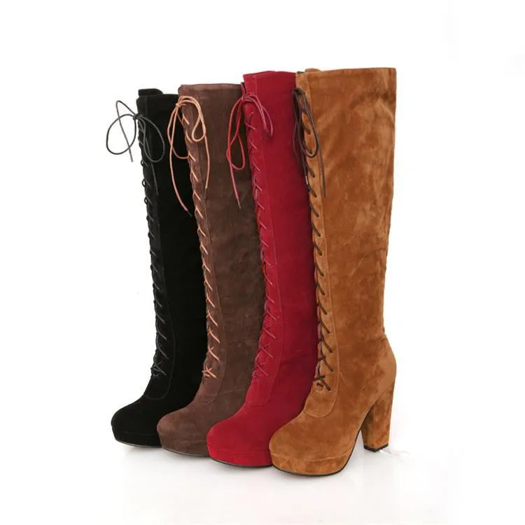 British Style High Heel Cross Strap High Thick Boots