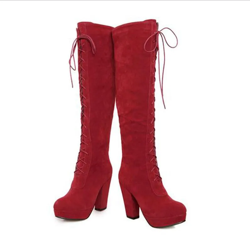 British Style High Heel Cross Strap High Thick Boots