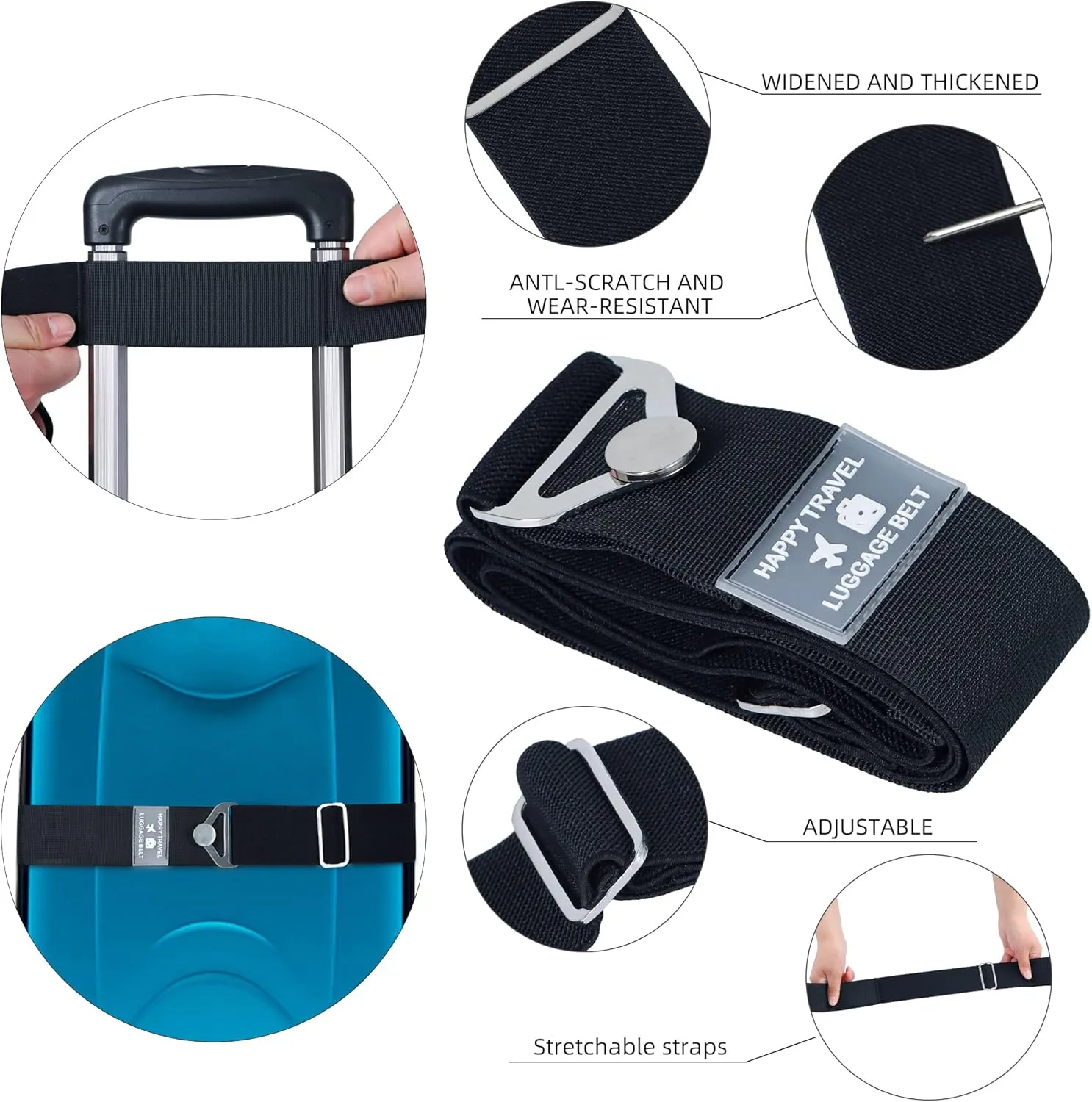 Bylion 2-in-1 Travel Belt for Luggage, Luggage Straps for Add a Bag Adjustable Suitcase Straps with Alloy Buckle Elastic Bungees Belt Hands-Free for Airport, Personalized Travel Accessories (Black)