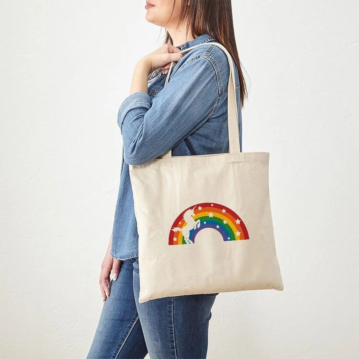 CafePress Retro Rainbow Unicorn Tote Bag Reusable Natural Beige Canvas Shopping Bag
