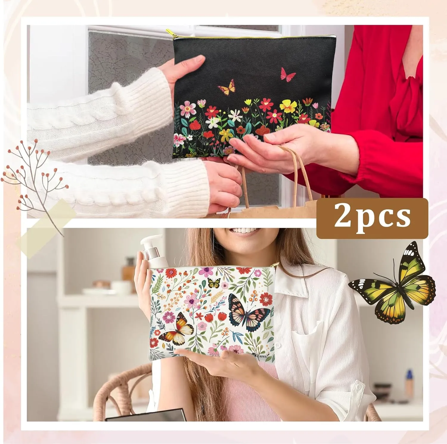 Canvas Cosmetic Makeup Bag for Women - Zipper Cotton Travel Toiletry Pouch - Multi-Purpose Small Canvas Bags Bulk