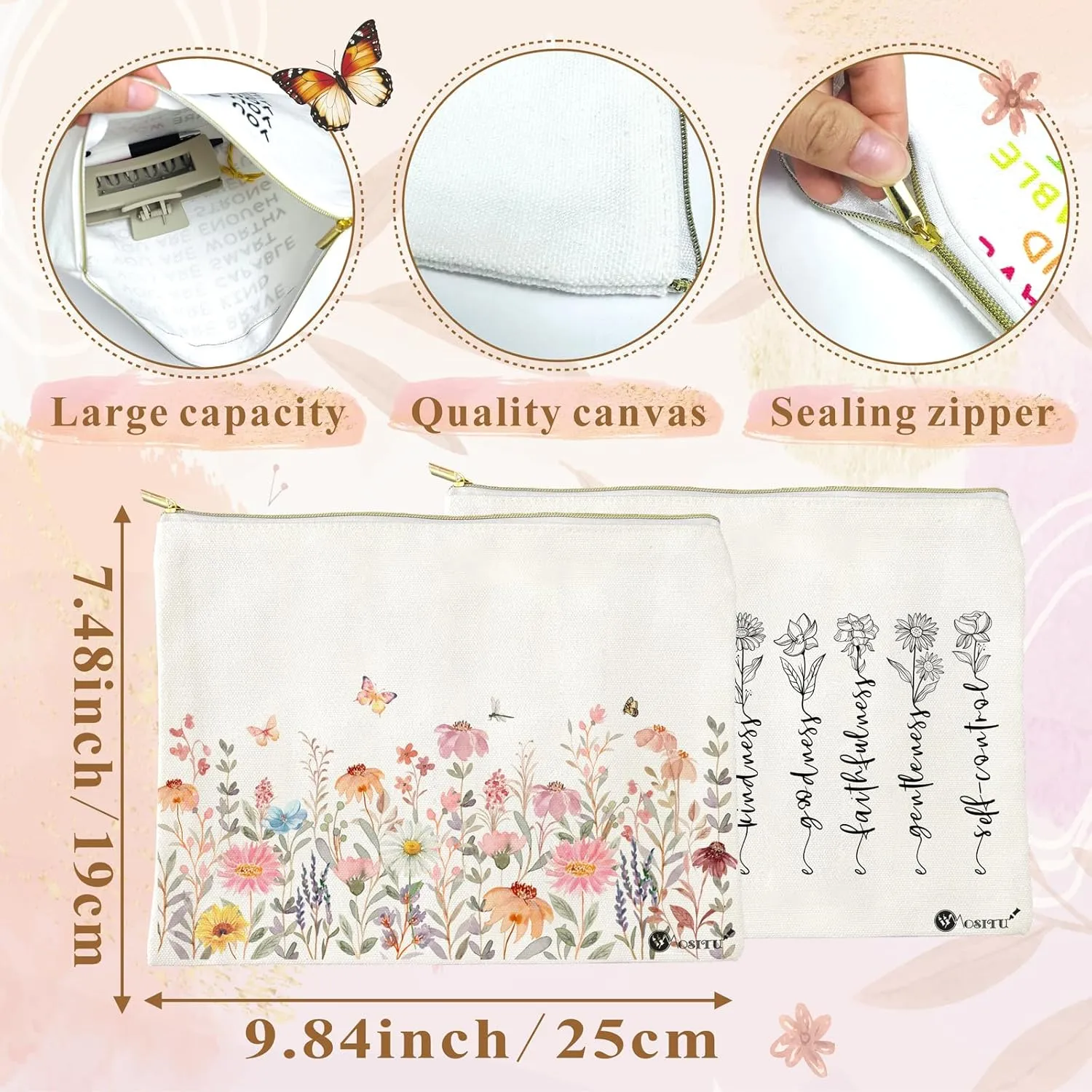 Canvas Cosmetic Makeup Bag for Women - Zipper Cotton Travel Toiletry Pouch - Multi-Purpose Small Canvas Bags Bulk