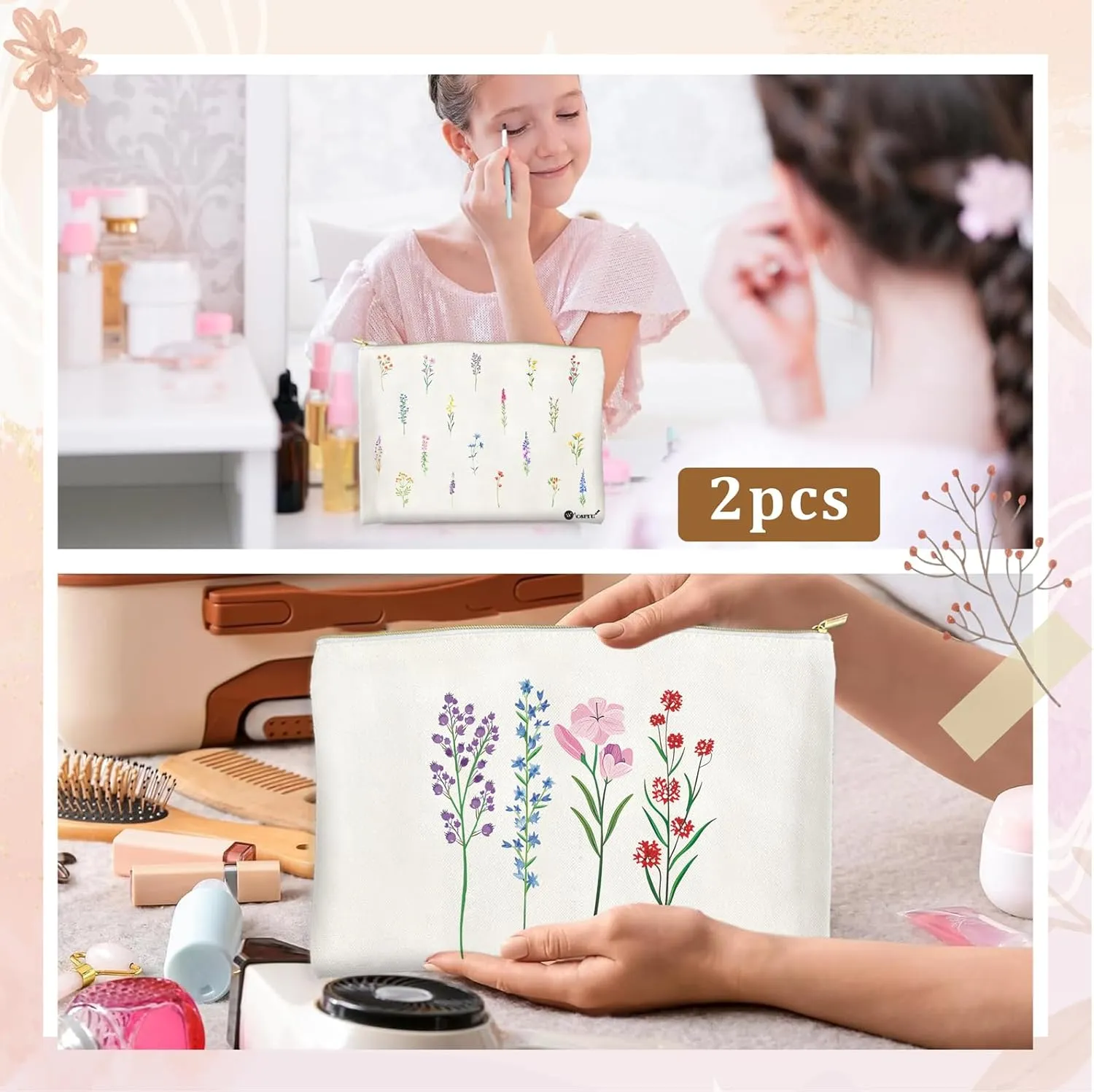 Canvas Cosmetic Makeup Bag for Women - Zipper Cotton Travel Toiletry Pouch - Multi-Purpose Small Canvas Bags Bulk