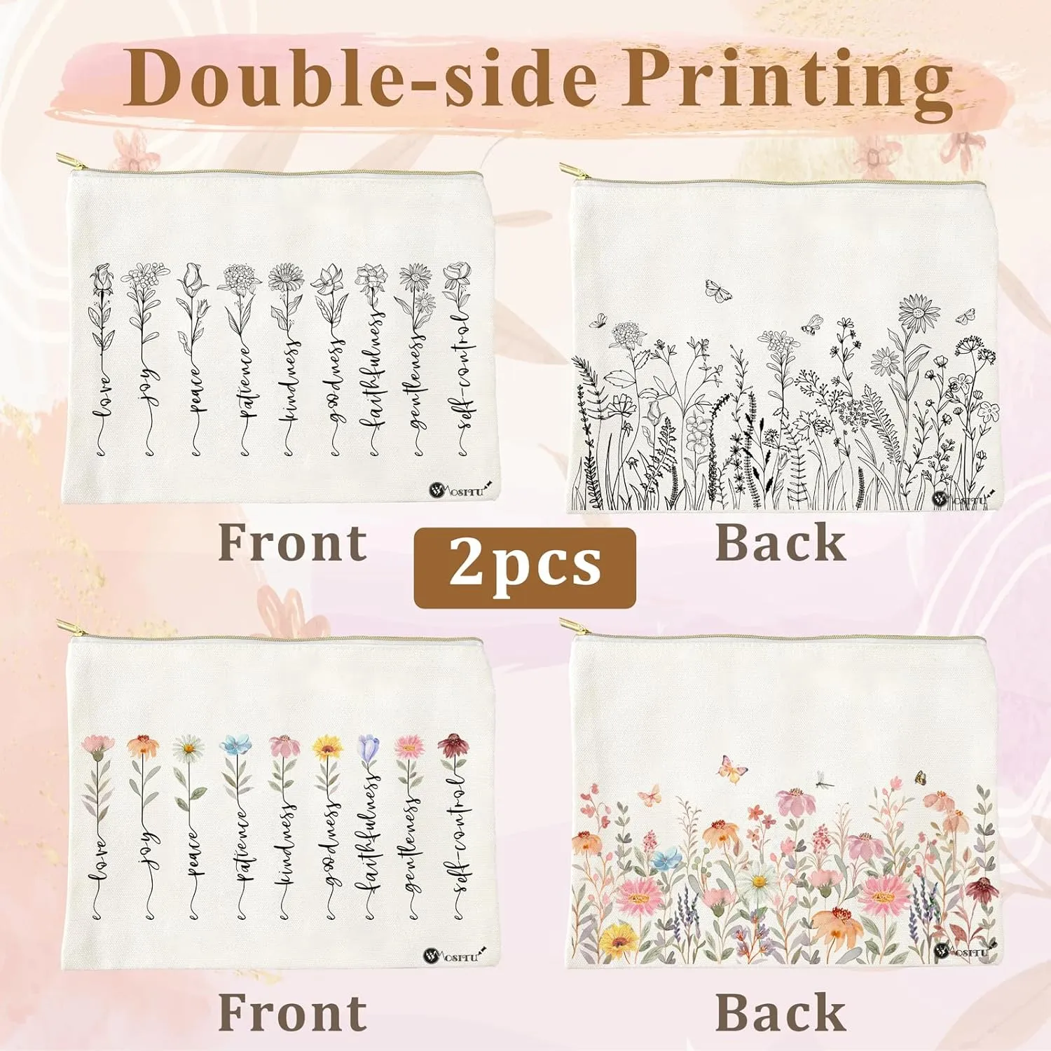 Canvas Cosmetic Makeup Bag for Women - Zipper Cotton Travel Toiletry Pouch - Multi-Purpose Small Canvas Bags Bulk