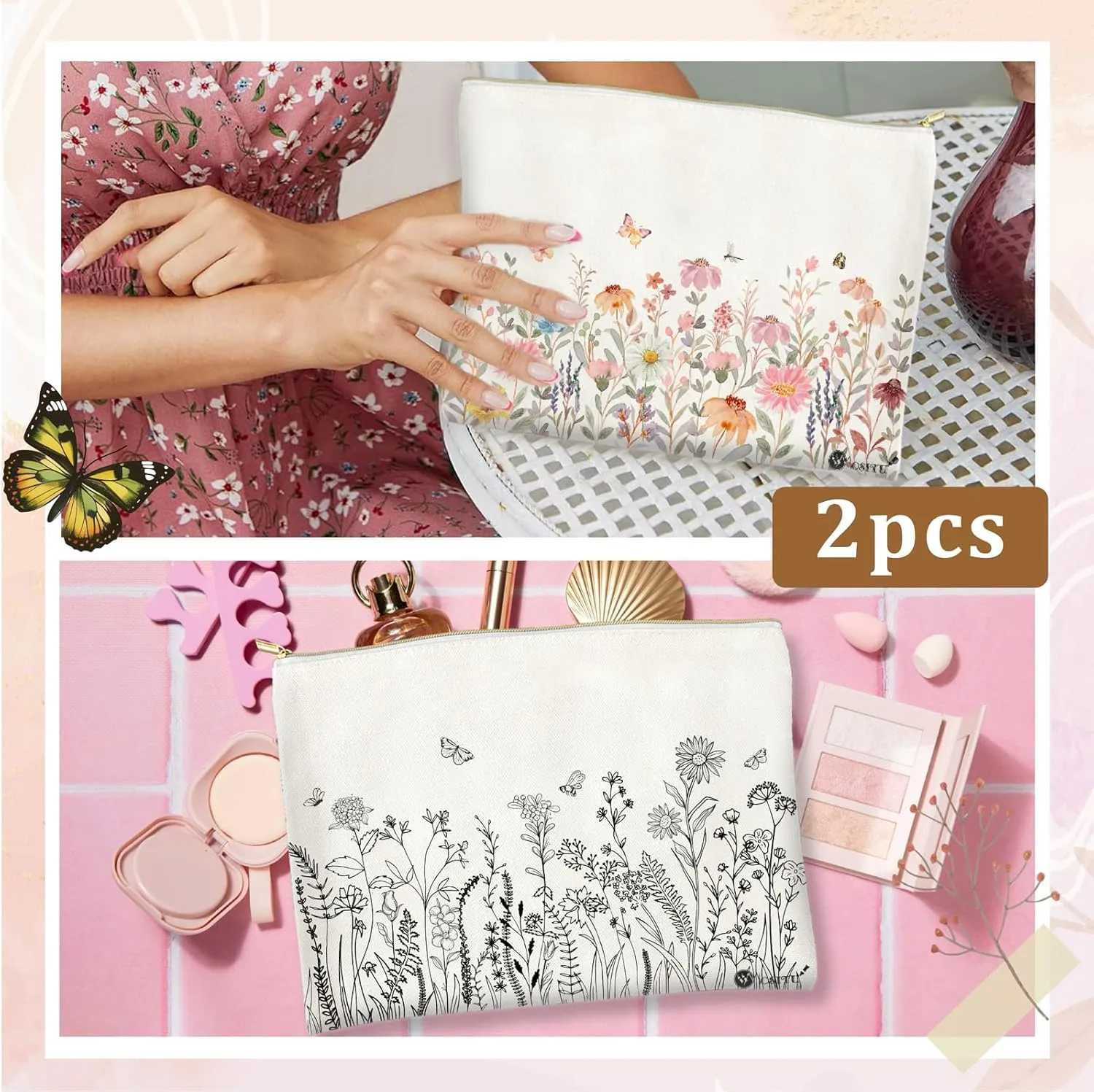 Canvas Cosmetic Makeup Bag for Women - Zipper Cotton Travel Toiletry Pouch - Multi-Purpose Small Canvas Bags Bulk
