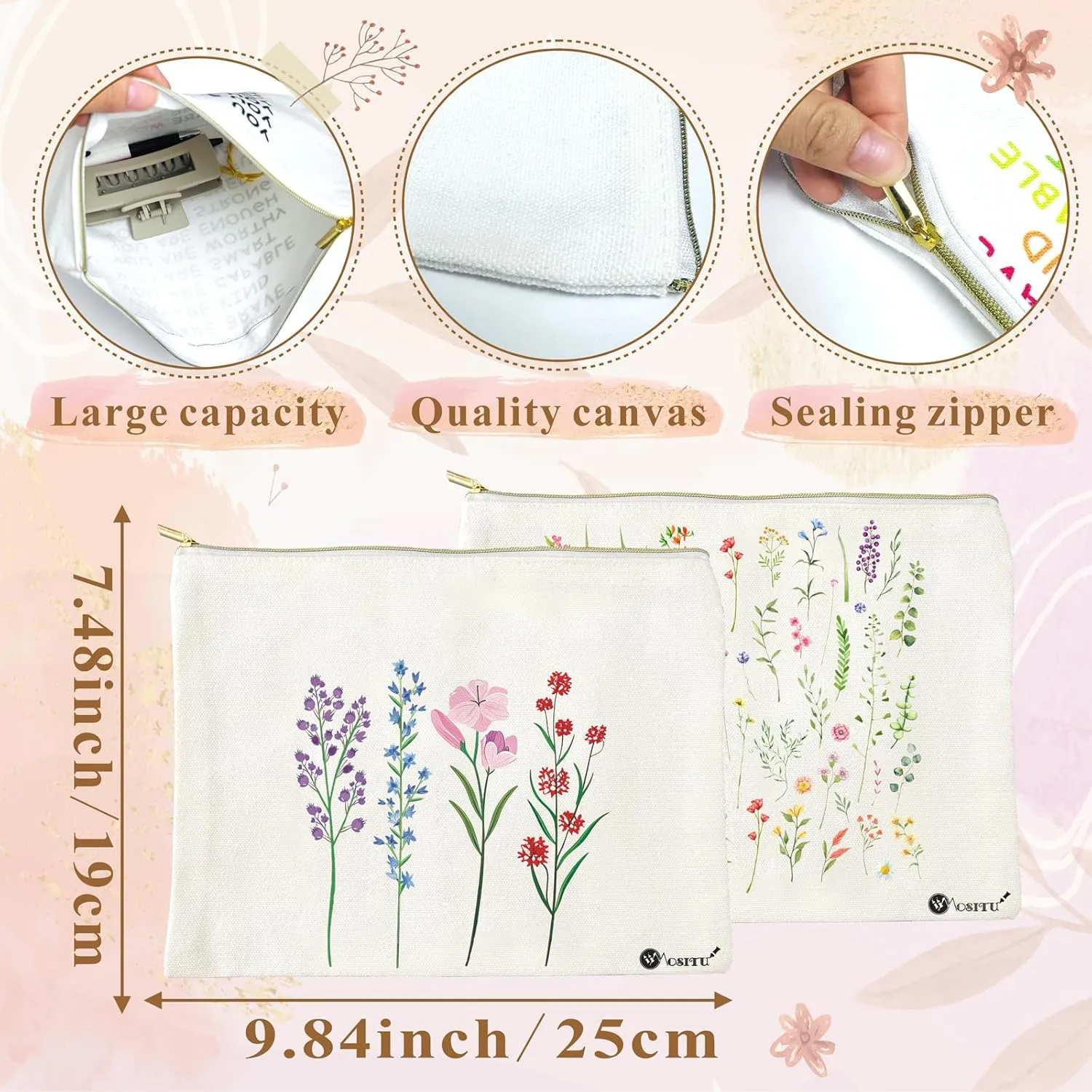 Canvas Cosmetic Makeup Bag for Women - Zipper Cotton Travel Toiletry Pouch - Multi-Purpose Small Canvas Bags Bulk