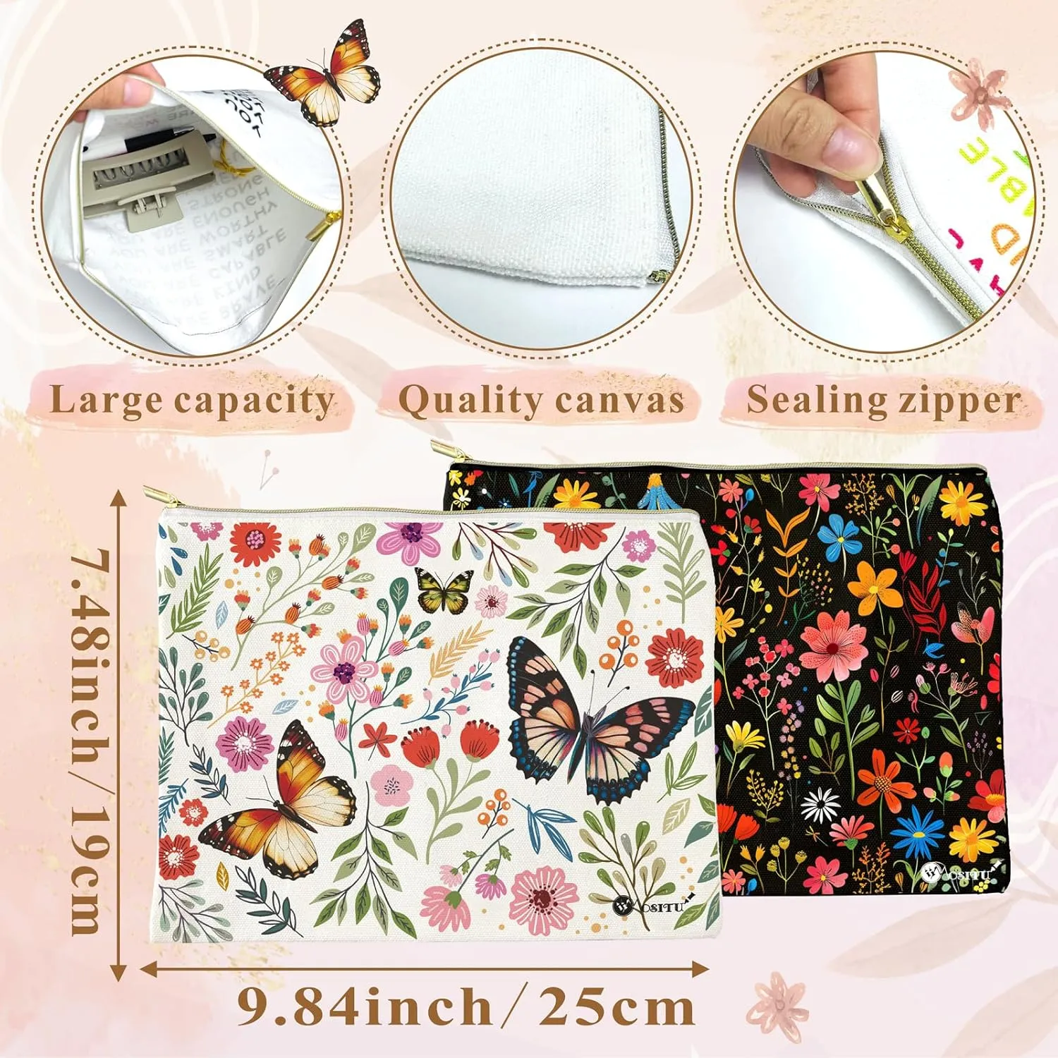 Canvas Cosmetic Makeup Bag for Women - Zipper Cotton Travel Toiletry Pouch - Multi-Purpose Small Canvas Bags Bulk