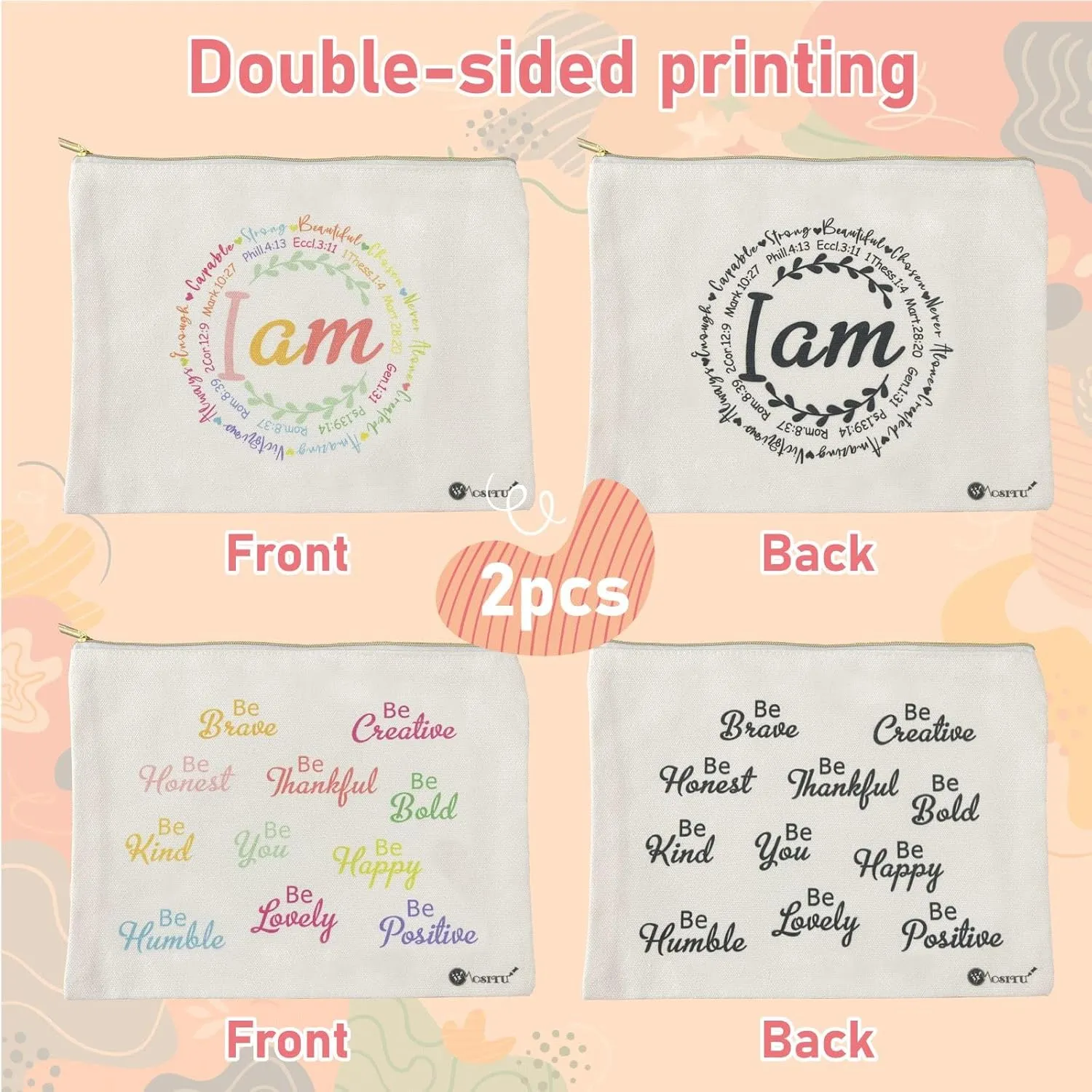 Canvas Cosmetic Makeup Bag for Women - Zipper Cotton Travel Toiletry Pouch - Multi-Purpose Small Canvas Bags Bulk