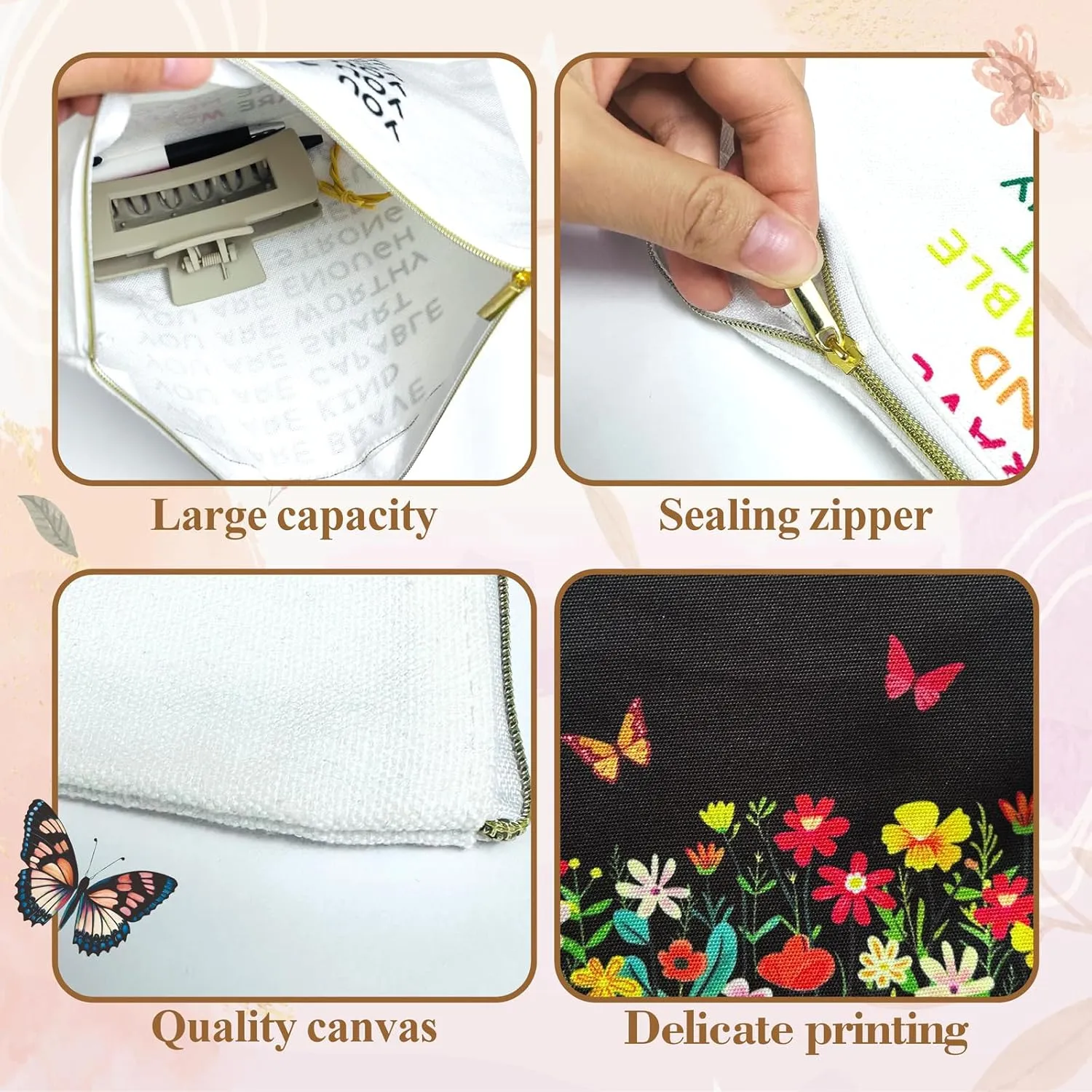 Canvas Cosmetic Makeup Bag for Women - Zipper Cotton Travel Toiletry Pouch - Multi-Purpose Small Canvas Bags Bulk
