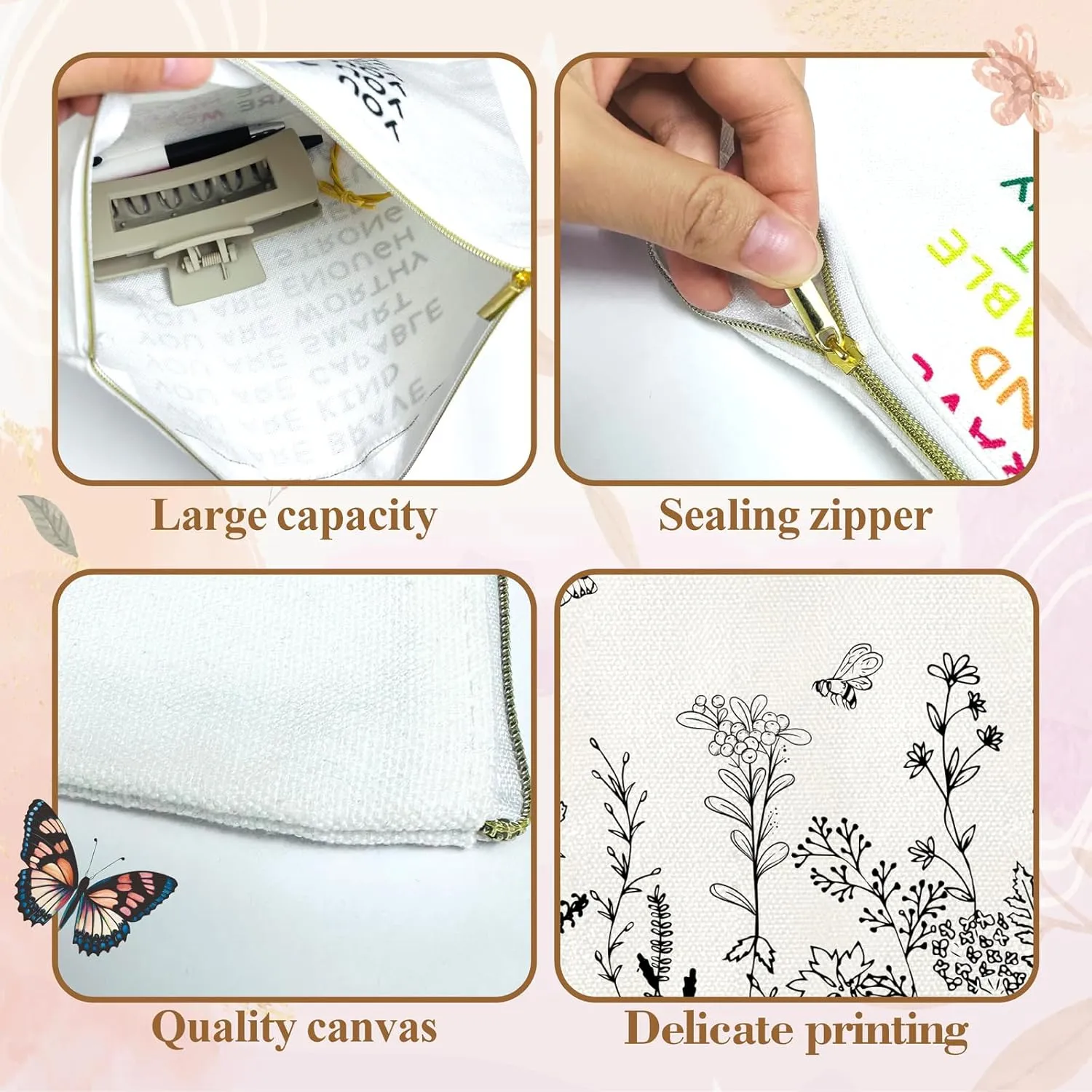 Canvas Cosmetic Makeup Bag for Women - Zipper Cotton Travel Toiletry Pouch - Multi-Purpose Small Canvas Bags Bulk