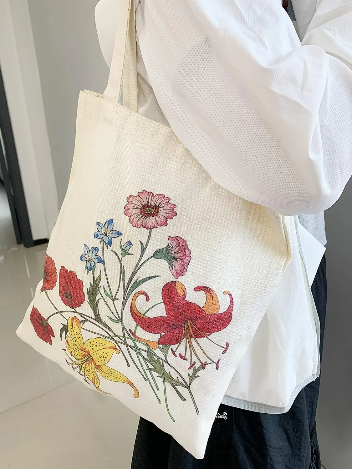 Canvas Floral Botanical Tote Bag for Women Teacher, Reusable Grocery Bags, Cute Cat Tote Bags Aesthetic for Shopping