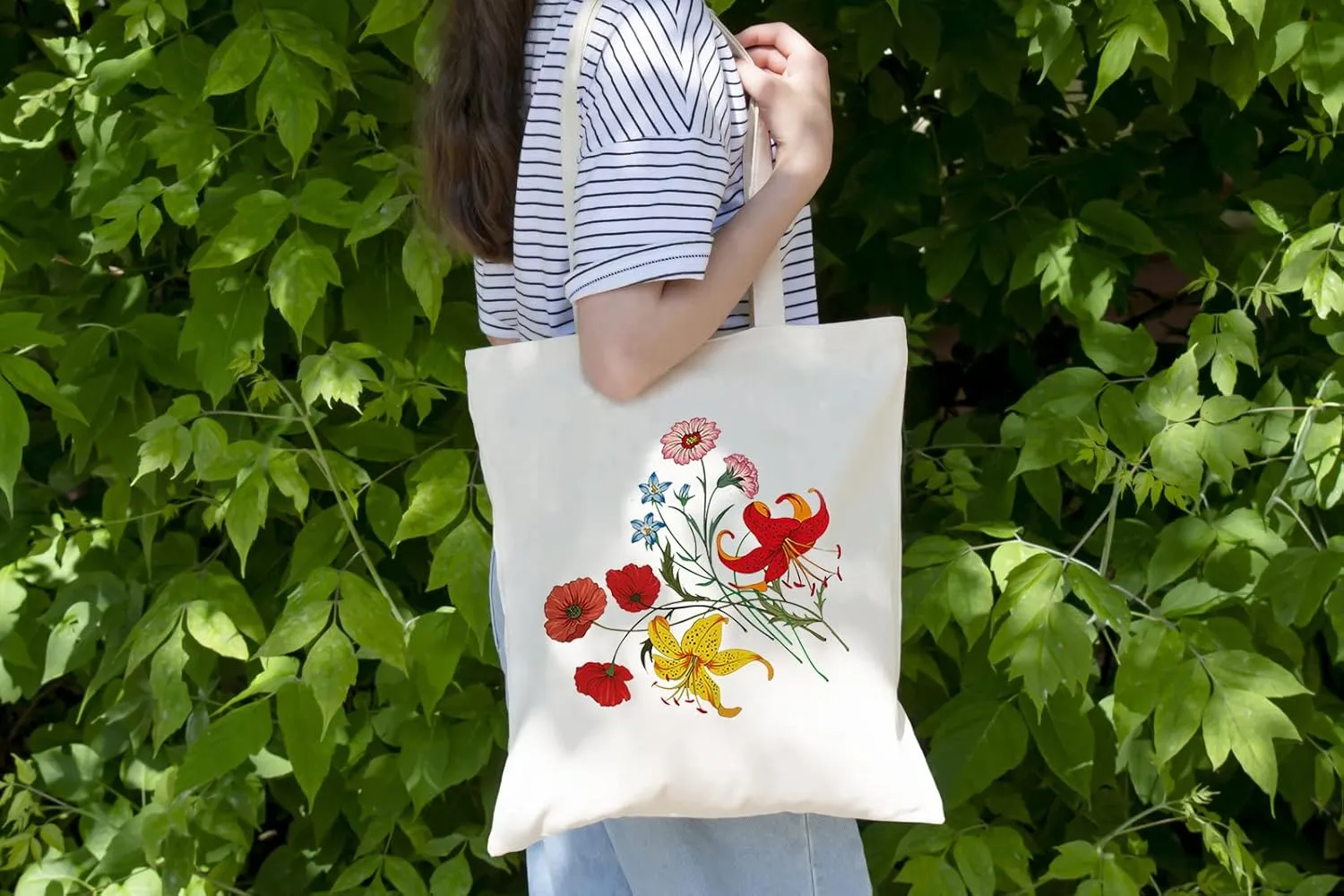 Canvas Floral Botanical Tote Bag for Women Teacher, Reusable Grocery Bags, Cute Cat Tote Bags Aesthetic for Shopping