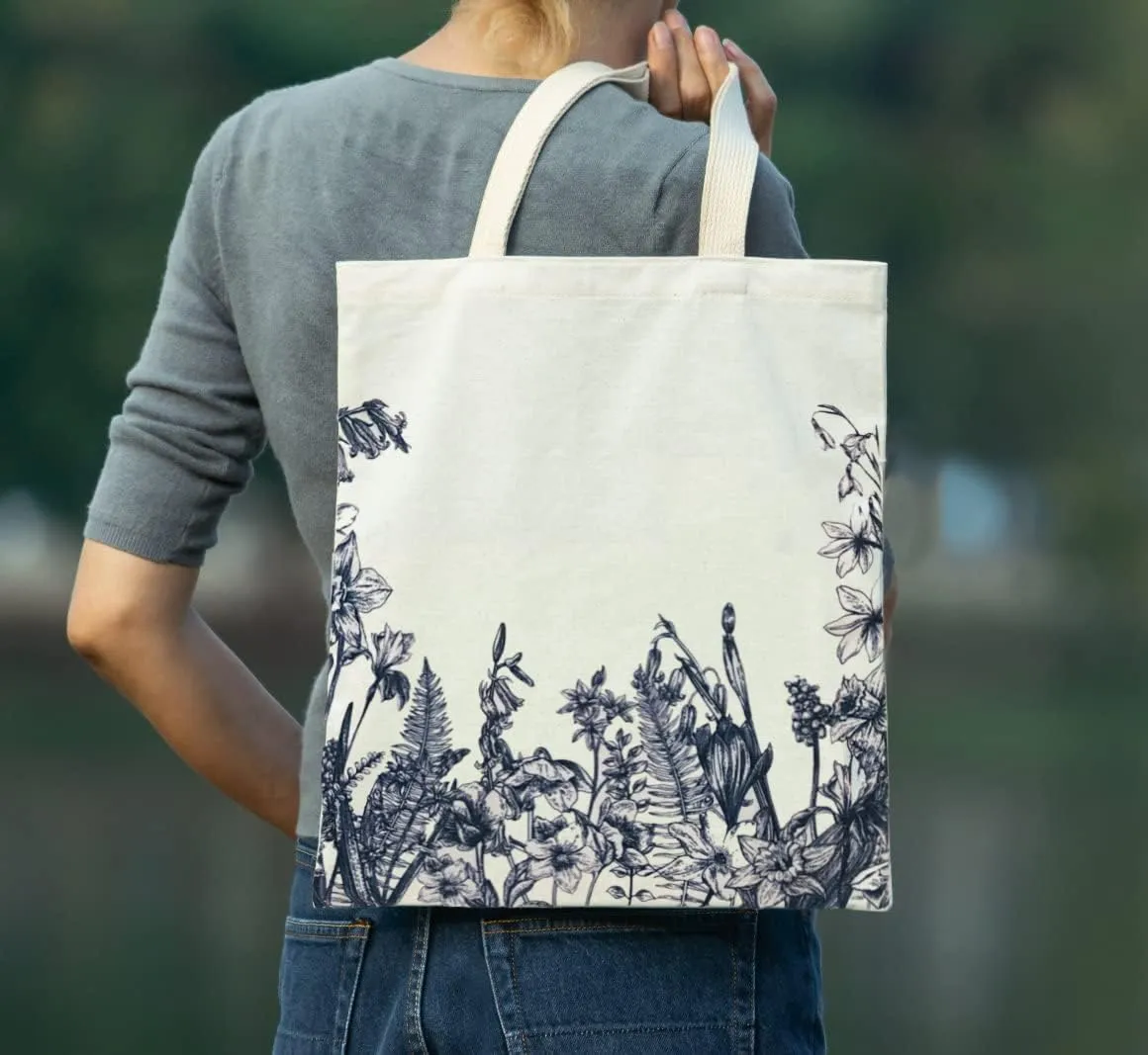 Canvas Floral Botanical Tote Bag for Women Teacher, Reusable Grocery Bags, Cute Cat Tote Bags Aesthetic for Shopping