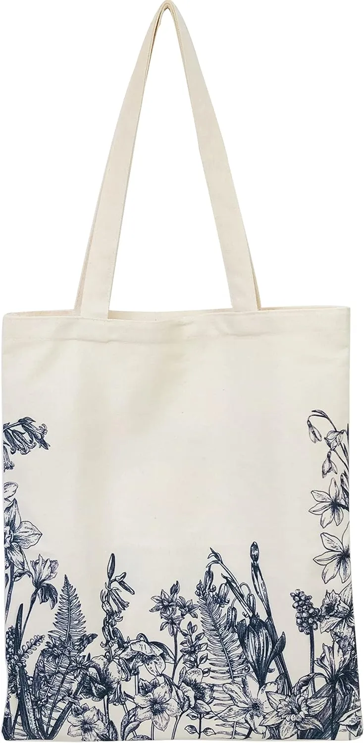 Canvas Floral Botanical Tote Bag for Women Teacher, Reusable Grocery Bags, Cute Cat Tote Bags Aesthetic for Shopping