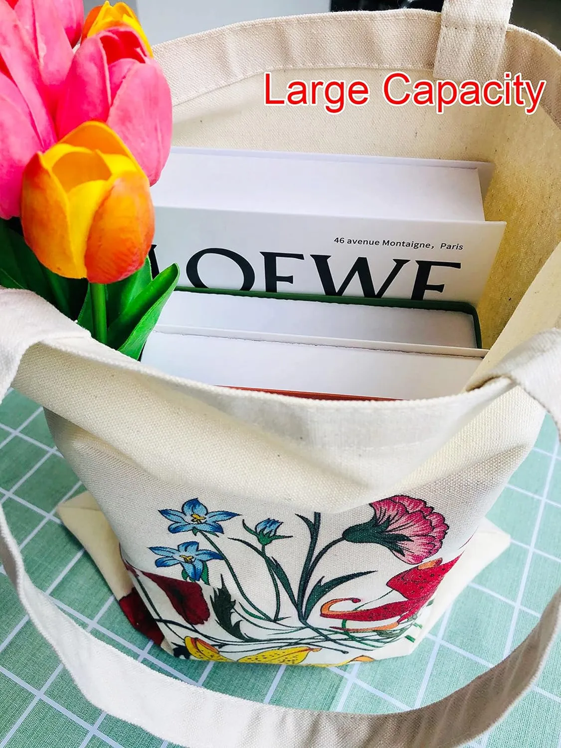 Canvas Floral Botanical Tote Bag for Women Teacher, Reusable Grocery Bags, Cute Cat Tote Bags Aesthetic for Shopping