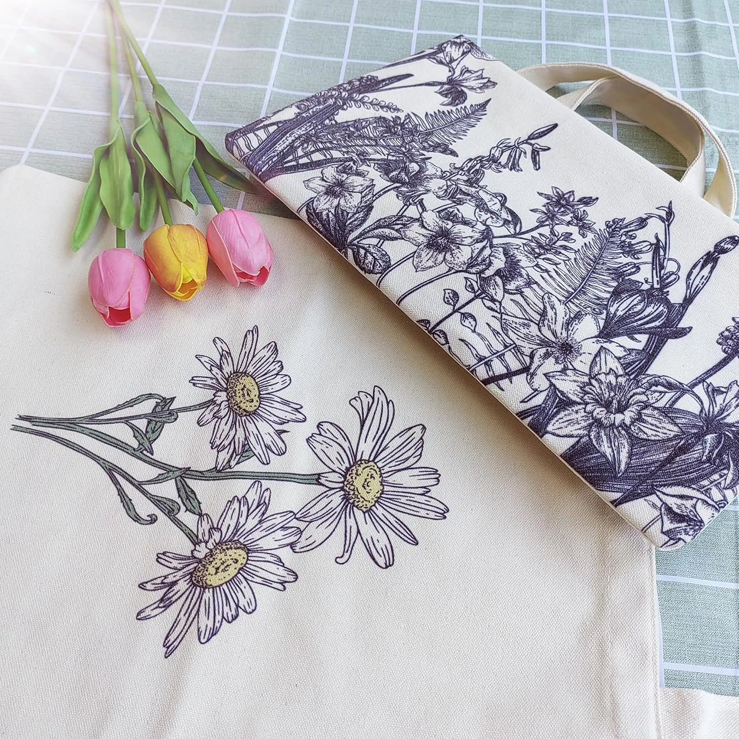 Canvas Floral Botanical Tote Bag for Women Teacher, Reusable Grocery Bags, Cute Cat Tote Bags Aesthetic for Shopping