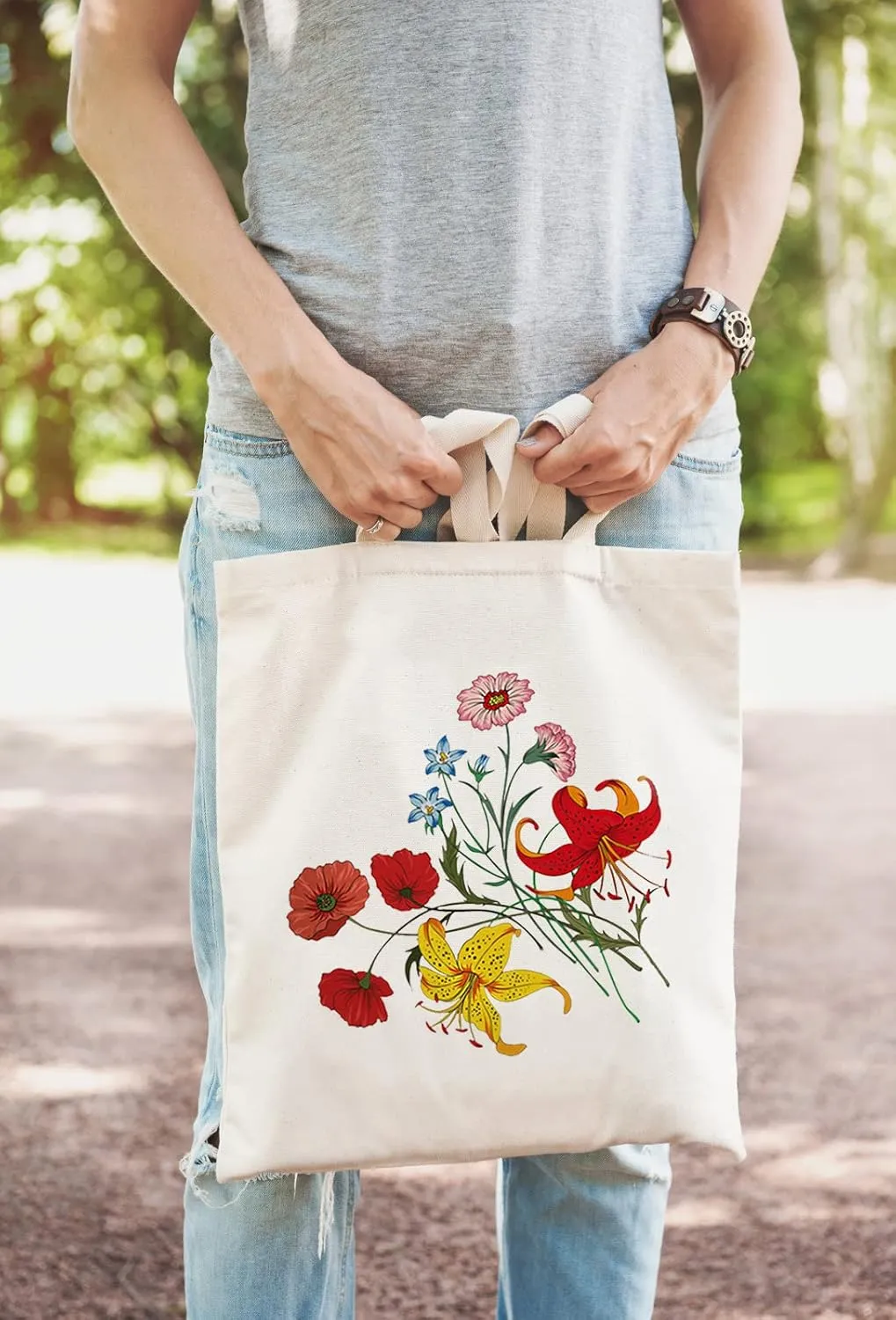 Canvas Floral Botanical Tote Bag for Women Teacher, Reusable Grocery Bags, Cute Cat Tote Bags Aesthetic for Shopping