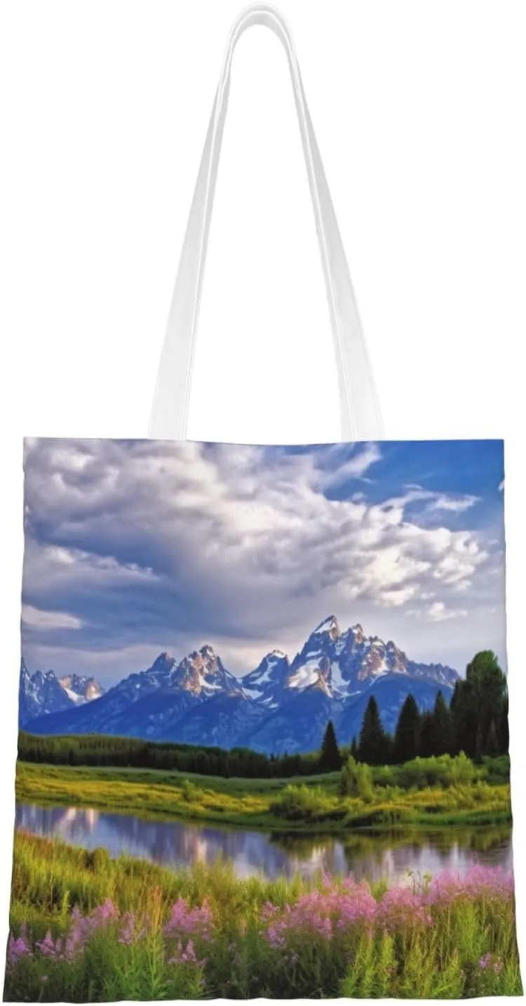 Canvas Tote Bag Aesthetic for Women grand teton national park Shopping Bags Large Tote Shoulder Bag Reusable Grocery Bags Hobo Bags Casual Handbags Cute Cloth Bags Birthday Gifts