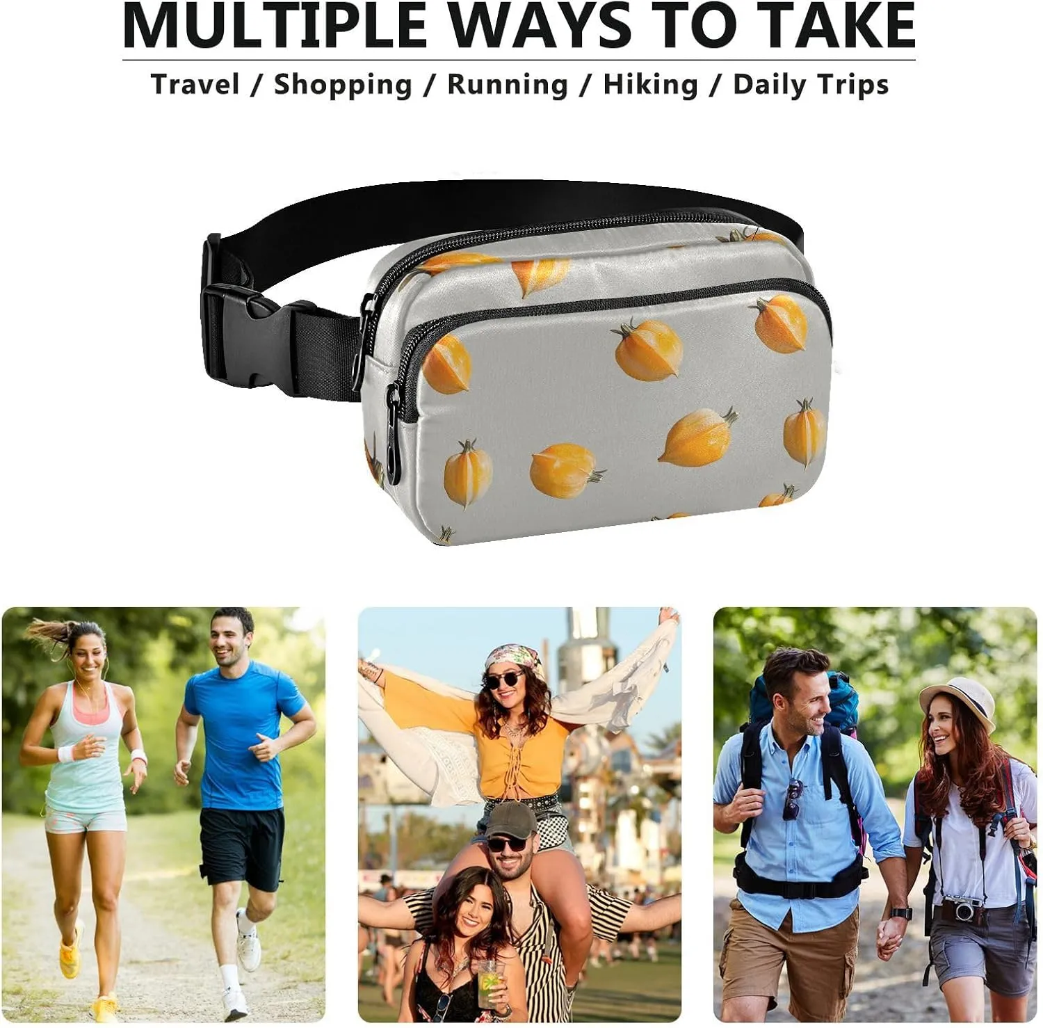 Cape Gooseberry Fruit Silver Trendy Waist Pack Crossbody Bag for Women Men Teens Mini Crossbody Passport Bag with Adjustable Strap for Shopping Sports Work