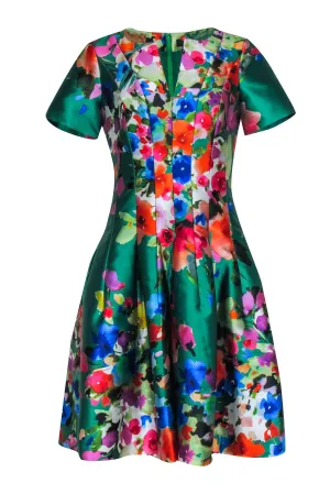 Carlisle - Green & Multi Color Floral Print Short Sleeve Dress Sz 2