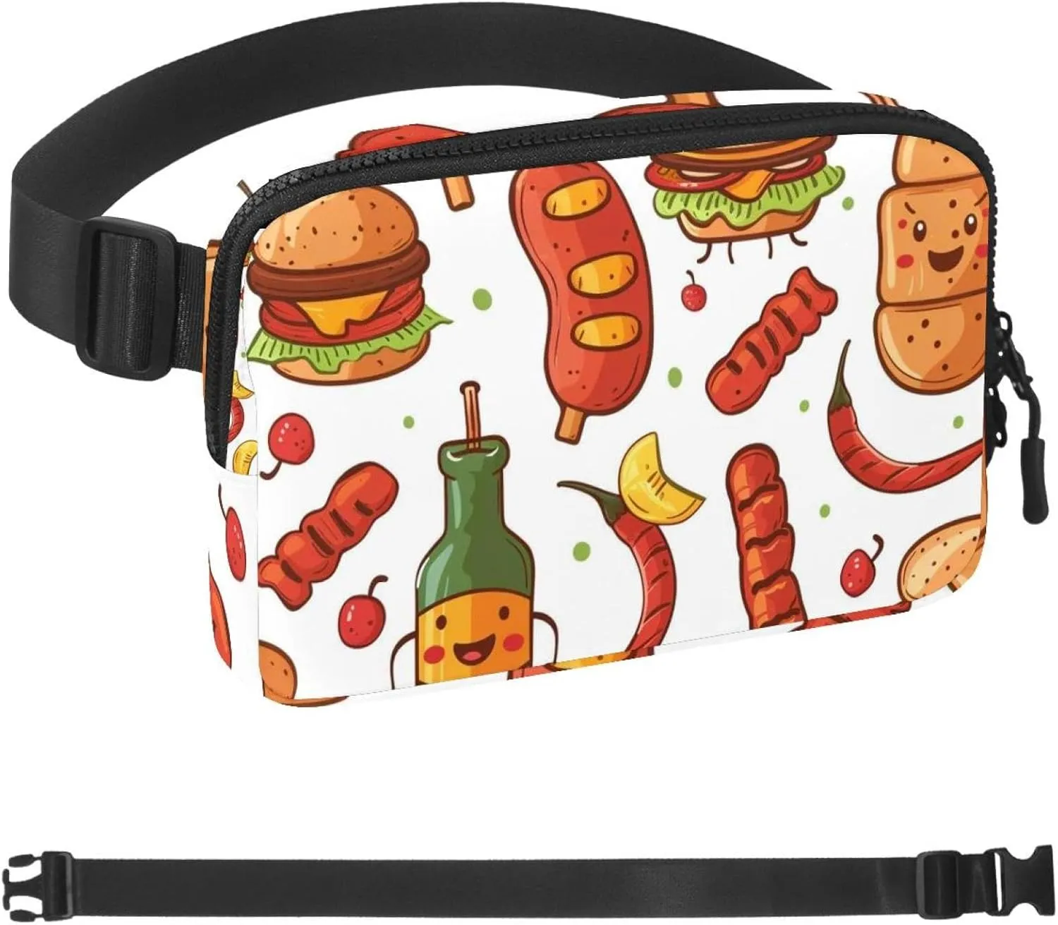 Cartoon Barbecue Food Fanny Packs for Women Men, Crossbody Belt Bag with Zipper Pockets,Waterproof Waist Packs with Adjustable Strap for Workout Running Traveling Hiking