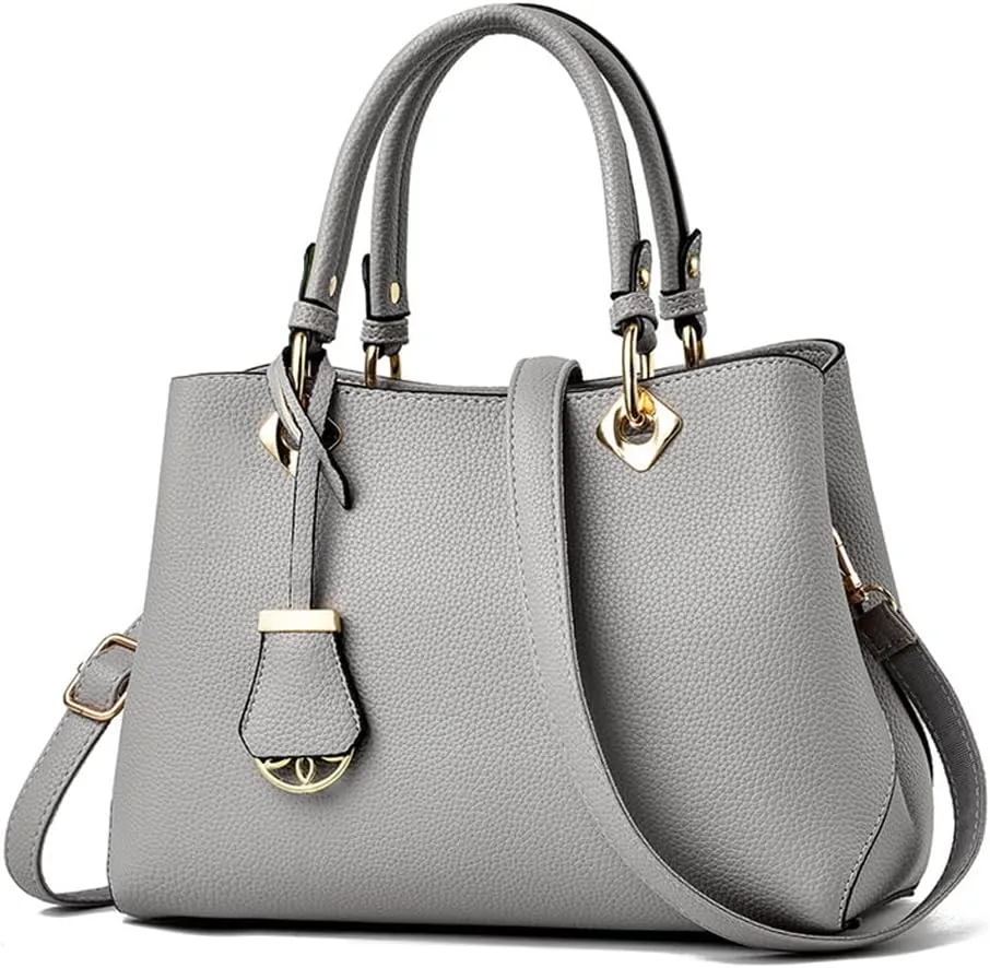Classic Top Handle Handbag for Women Vegan Leather Satchel Handbags Purse Shoulder Bag Crossbody Bag Casual Bag-Grey