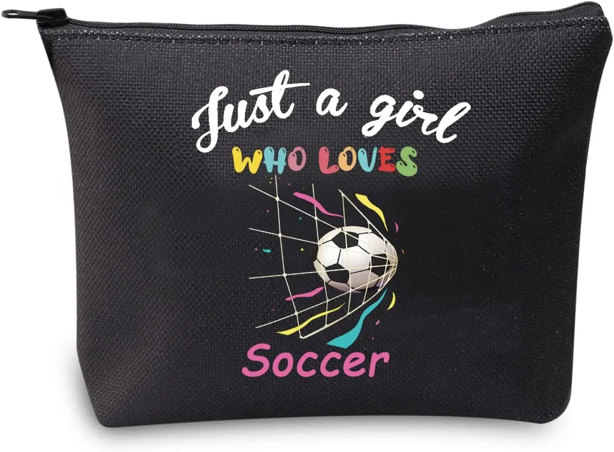 CMNIM Girl Soccer Gifts Just a Girl Who Loves Soccer Makeup Bags Soccer Travel Cosmetic Bag Gift for Soccer Players Fans (Just a Girl Who Loves Soccer bag black)