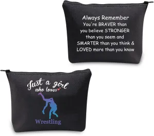CMNIM Wrestler Girl Gifts - Just a Girl Who Loves Wrestling Makeup Cosmetics Bag - Inspirational Travel Zipper Bag for Girls (Black)